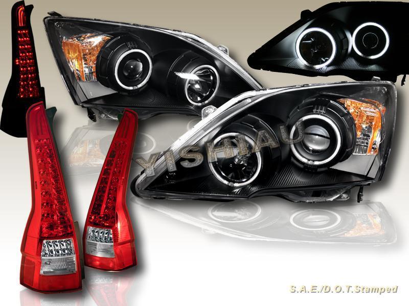 07-11 honda cr-v black projector halo ccfl headlights+red clear led tail lights