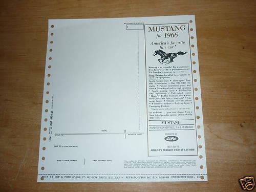 1966 ford mustang blank repro window sticker