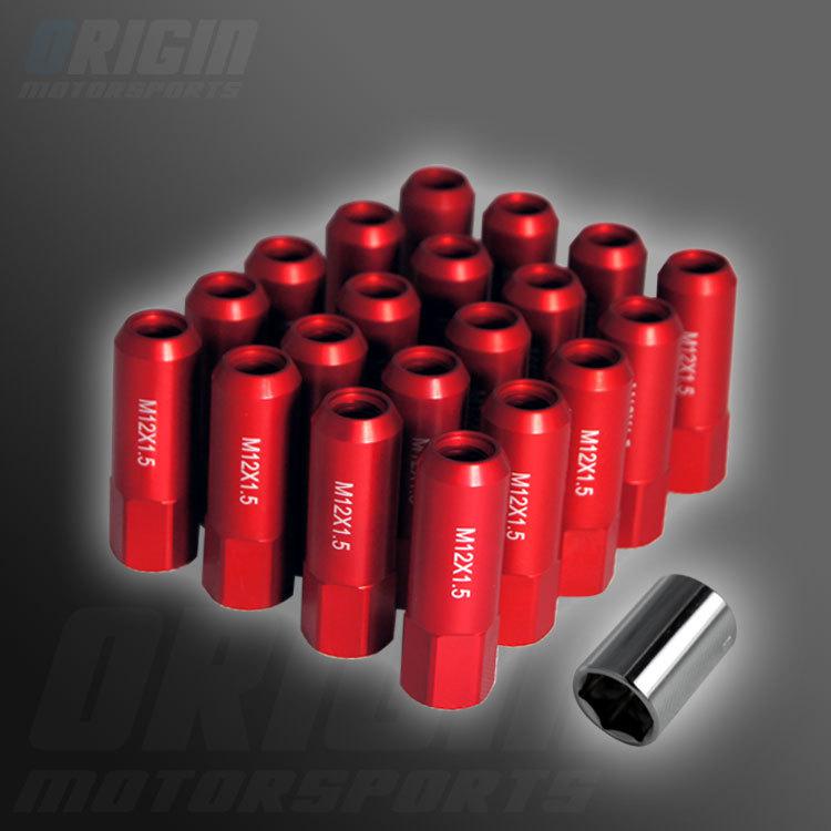 20 x extended wheel rim racing cnc lug nuts 60mm m12 x 1.5mm - red w/ socket