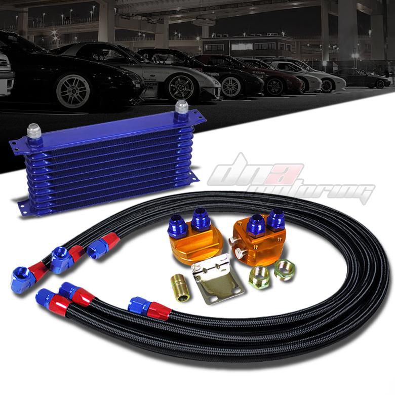 10-rows blue aluminum 50°f engine oil-cooler+relocation kit+black stainless line