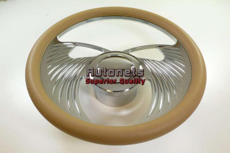 Beige angel wings gm chevy  buick leather aluminum steering wheel horn button