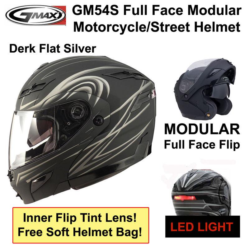 Gmax gm54s modular motorcycle street helmet derk flat silver small - nib