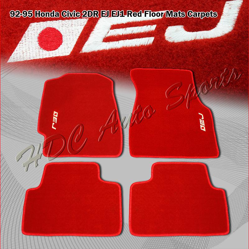 1992-1995 honda civic coupe 2 door 4 pc red nylon floor mat carpet white ej logo