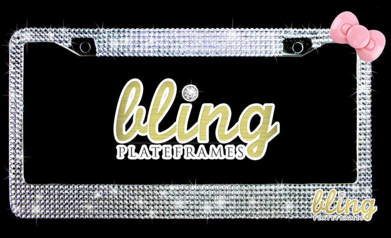 Rhinestone license plate frame pink 3d bow diamond bling clear silver jeweled