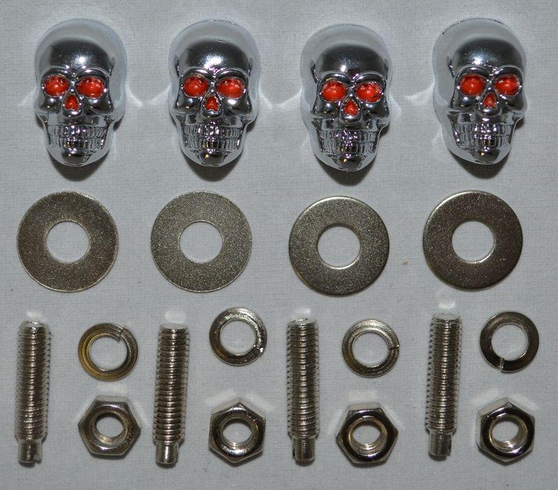 4 chrome "skull" motorcycle license plate frame bolts - lic tag fastener screws