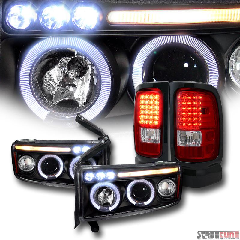 Blk drl halo rim projector headlights parking+led taillights red 94-02 dodge ram