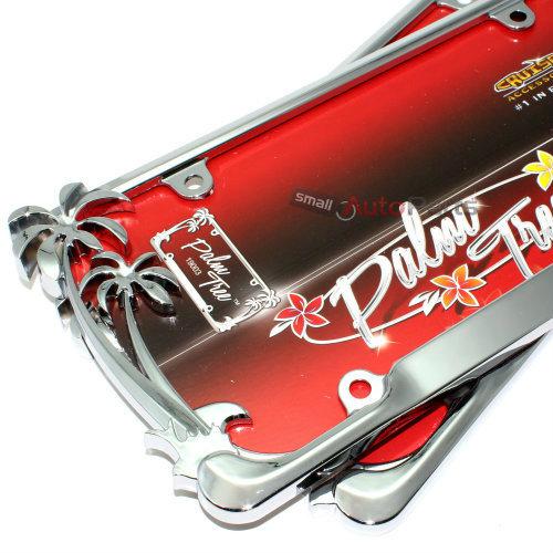 2 chrome palm tree tropical metal license plate tag frames for auto-car-truck