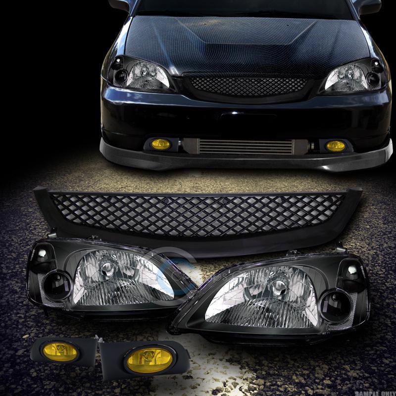 Jdm blk head lights dy+grill grille+fog lamps w/switch yellow 01-03 honda civic