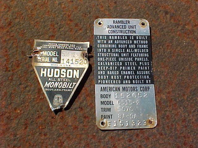 Jan 1952 hudson super 6 + 1965 amc rambler classic 440 4dr used door tags rare!