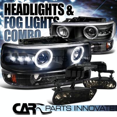 Black 00-06 suburban led halo projector headlights+bumper lamps+smoke fog lights