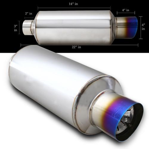 Universal rs stainless muffler 14" w/ silencer, 4" out n1 slant color tip 3"