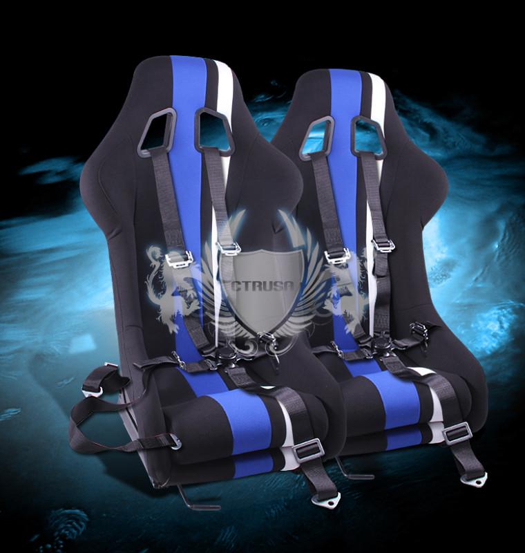 2x jdm black/blue white stripe fabric racing seat evo style+5pt camlock shoulder