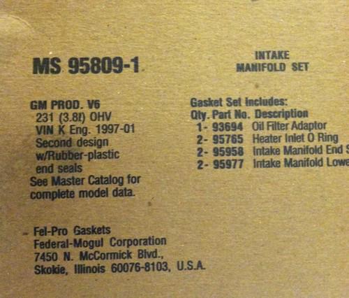 Fel-pro ms95809-1 engine intake manifold gasket gm 3.8l v-6 pontiac chevrolet