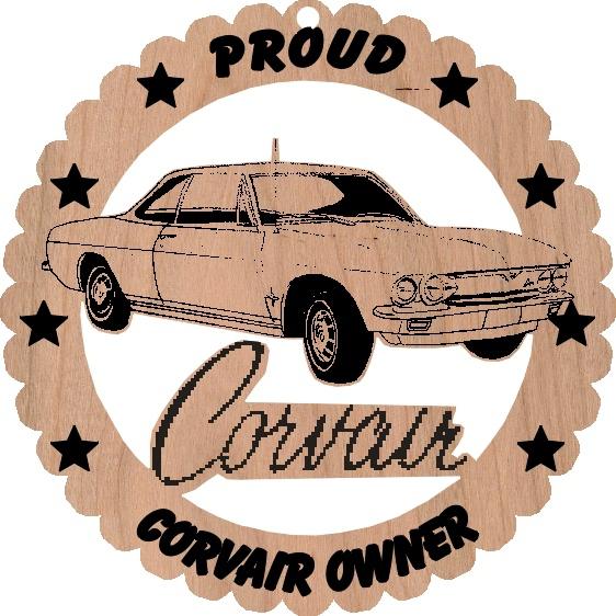 1966 chevy corvair cooupe wood ornament engraved large 5 3/4 inches round