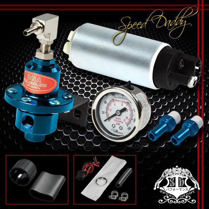 255lph fuel injection pump tank+140 psi pressure regulator+oil-filled gauge blue