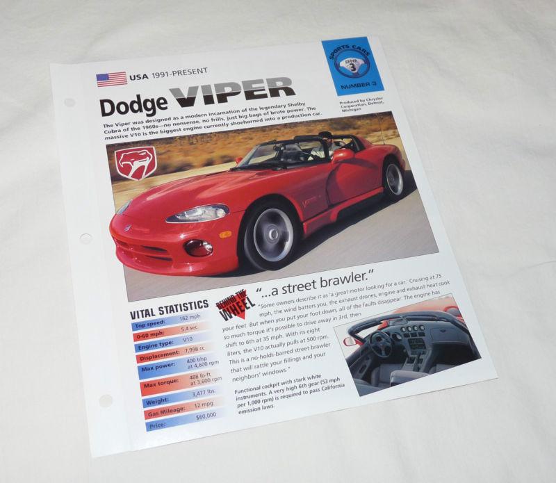 Dodge viper “sports cars” spec sheet/milestones folder international masters