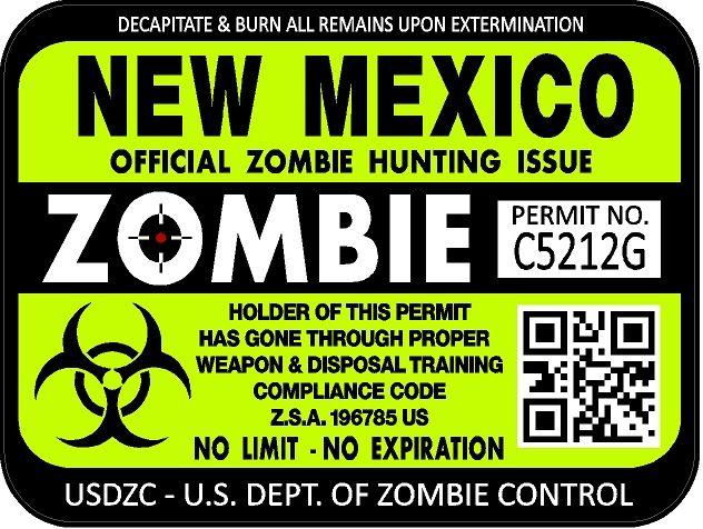 New mexico zombie hunting license permit 3"x4" decal sticker outbreak 1241