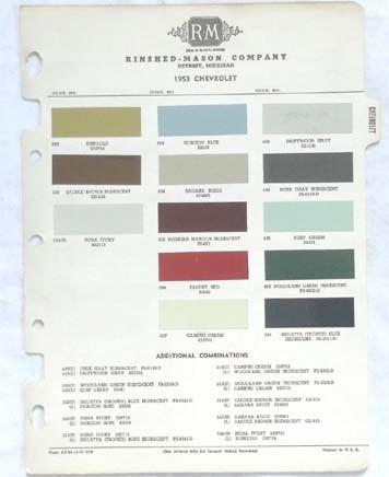 1953 chevrolet r-m color paint chip chart all models original 