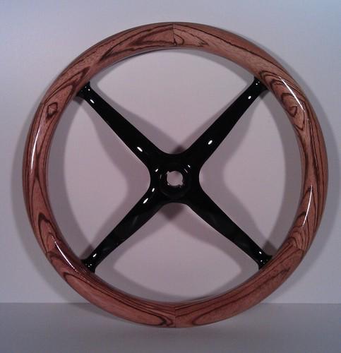 Model t steering wheel, exotic zebra wood rim, cast iron spider, oil/varnish fin