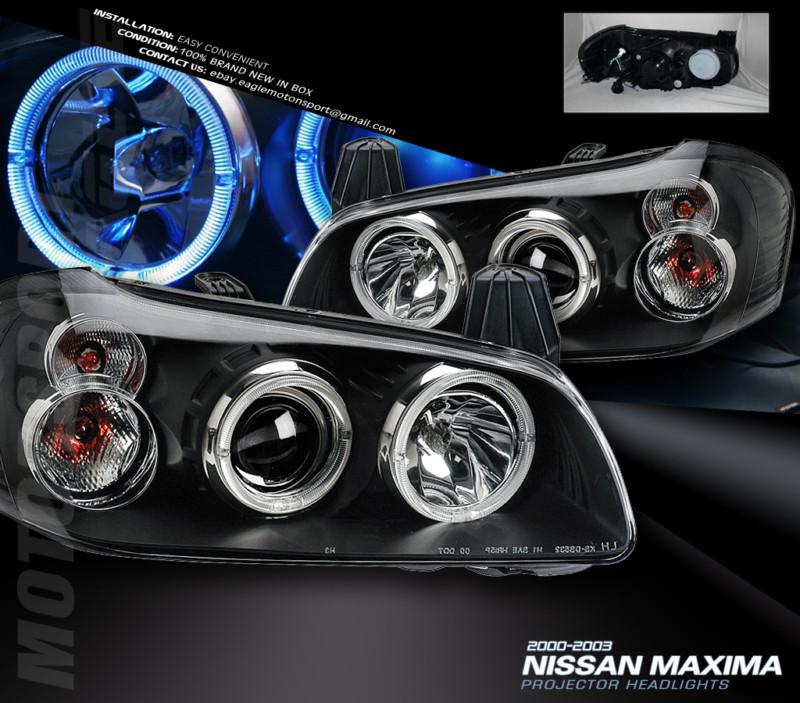 2000-2001 nissan maxima dual twin halo ring projector black blk headlights