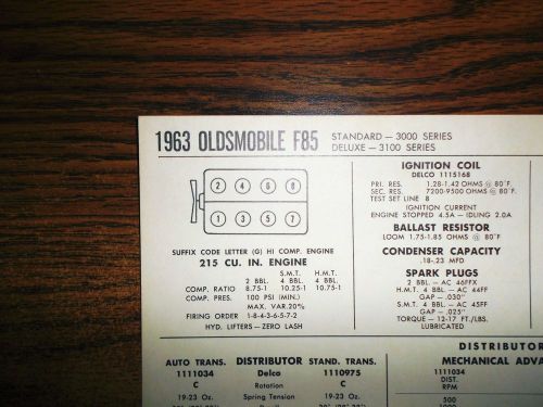 1963 oldsmobile f85 eight series standard &amp; deluxe models 215 v8 tune up chart