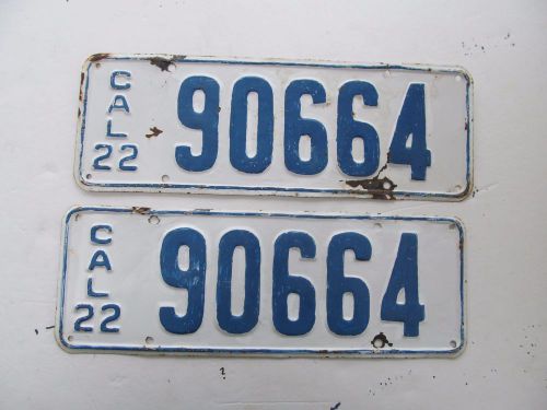 1922 california license plate set &#034;90664&#034; dmv yom cleared