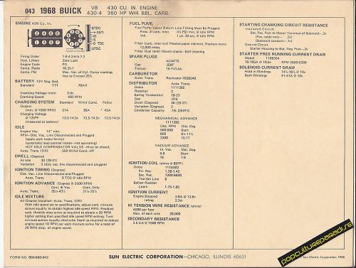 1968 buick v8 430 ci / 360 hp w/4 bbl carb engine car sun electronic spec sheet