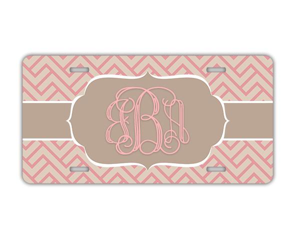 Monogrammed license plate taupe n pink maze monogram personalized car tag (1005)