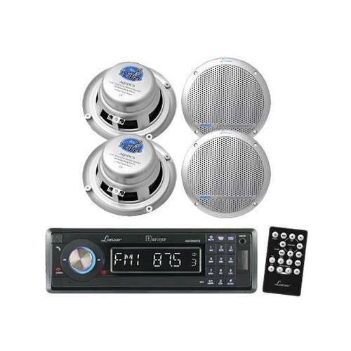 New aqcd60btb marine cd/mp3/usb/sd am/fm radio w/bluetooth &amp; 4 silver speakers