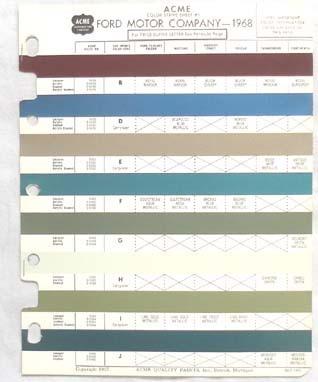 1968 ford acme  color paint chip chart all models original mustang