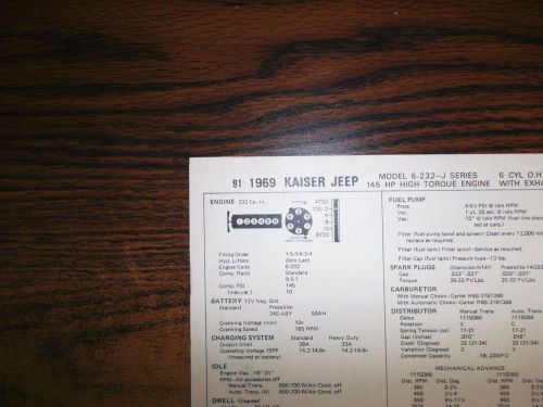 1969 kaiser jeep six j series models high torque ohv 232 ci l6 tune up chart