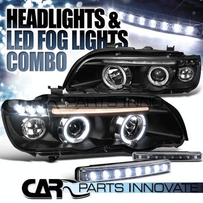 01-03 bmw e53 x5 dual halo led black projector headlights+8-led fog bumper lamp