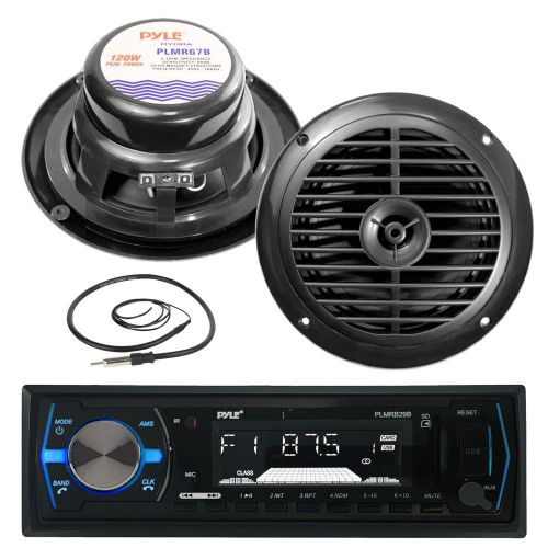 Black marine 6.5&#034; speakers, pyle 300w usb am fm aux marine radio, marine antenna