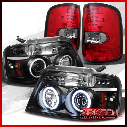 04-08 f150 black dual ccfl halo projector headlights+red clear led tail lights