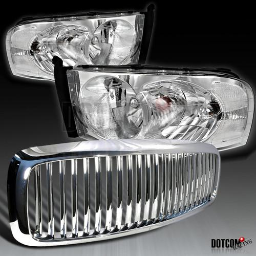 2002-2005 dodge ram 1500 2500 3500 clear headlights+chrome hood grille