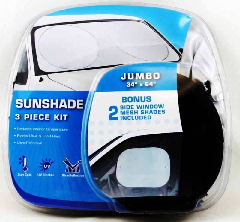 Jumbo car sunshade 3 piece kit 1- 34'' x 64'' + bouns 2 side window mesh shades 