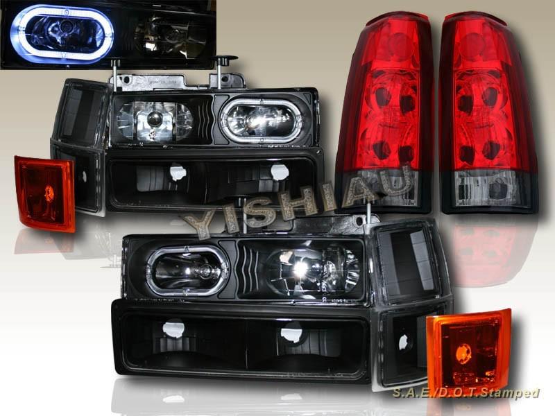 1994-98 chevy full size headlights black halo 10 pcs+altezza tail lights red smk