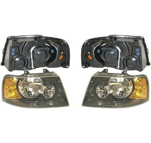 03-06 ford expedition headlights headlamps w/black bezel pair set