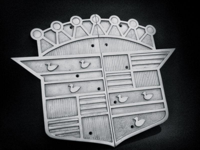 Vintage cadillac badge 1950's style cast plastic metallic silver color 13" x 12"
