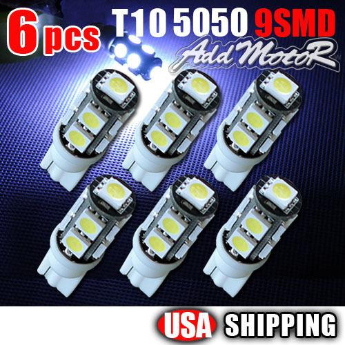 6 pcs super white t10 9-smd wedge 5050 led light bulbs 192 168 194 w5w 2825 158