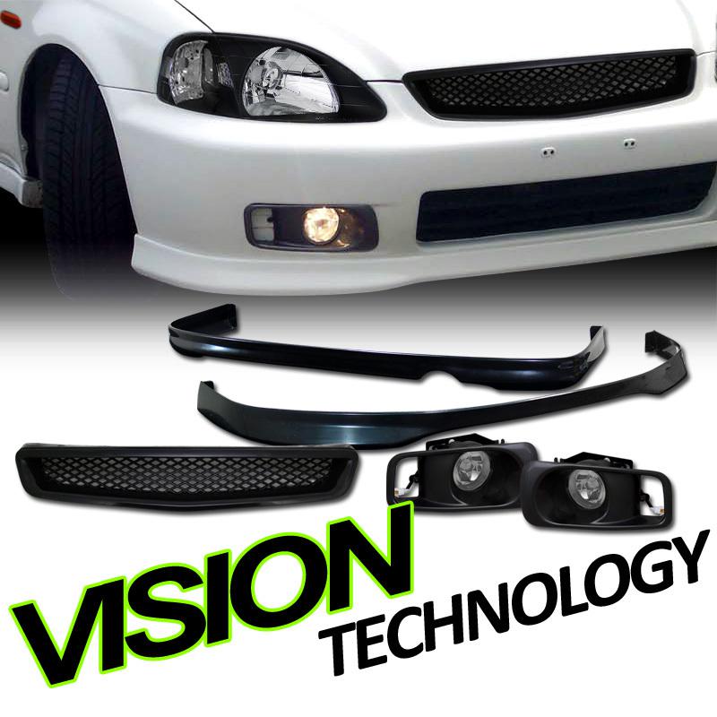 99-00 civic 2dr/4dr t-r style pu front+rear bumper lip spoiler+grill+fog lights