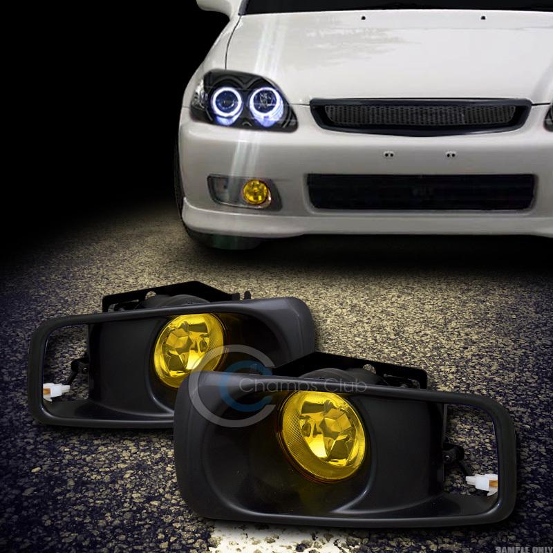 Jdm yellow clear front bumper fog lights lamps+switch 99-00 honda civic 2d/3d/4d