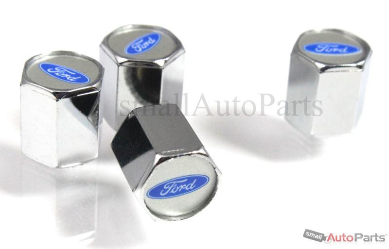 (4) ford blue oval logo chrome abs tire/wheel stem air valve caps covers set