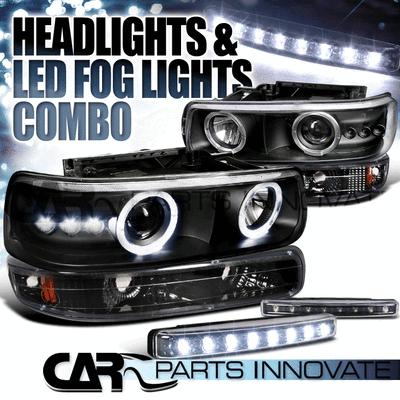 99-02 silverado tahoe black halo projector headlights+bumper lamps+led fog lamp