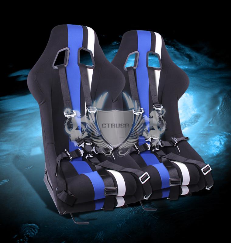 2x universal black/blue white stripe fabric racing seats+6-pt camlock harness