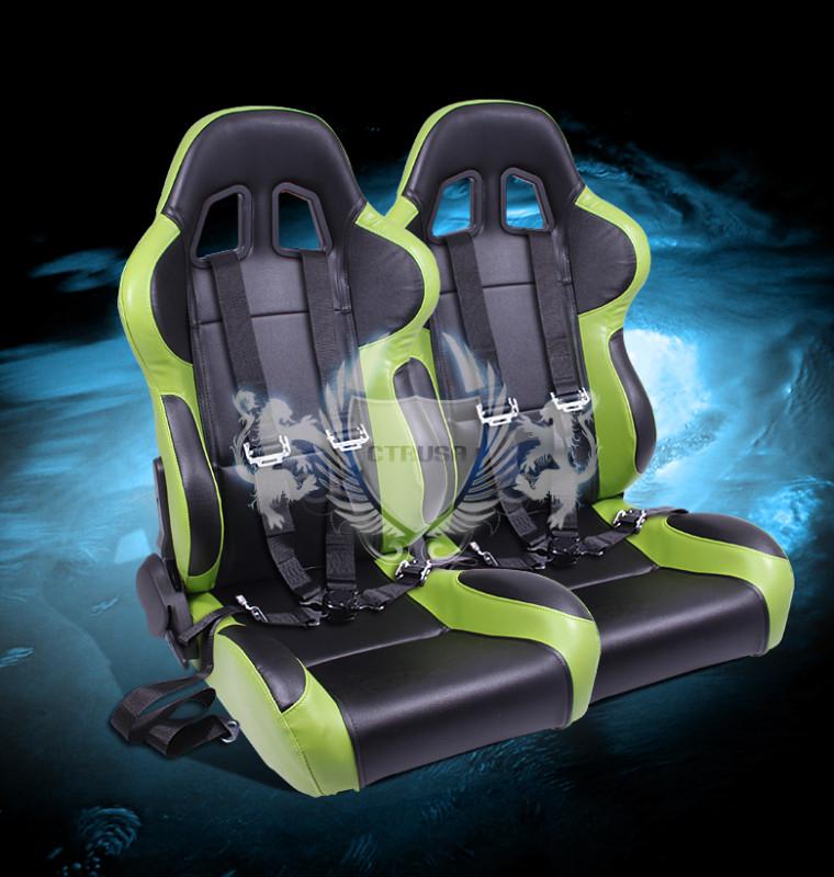 2x universal blk/green turino racing bucket seats+4-pt camlock harness seat belt