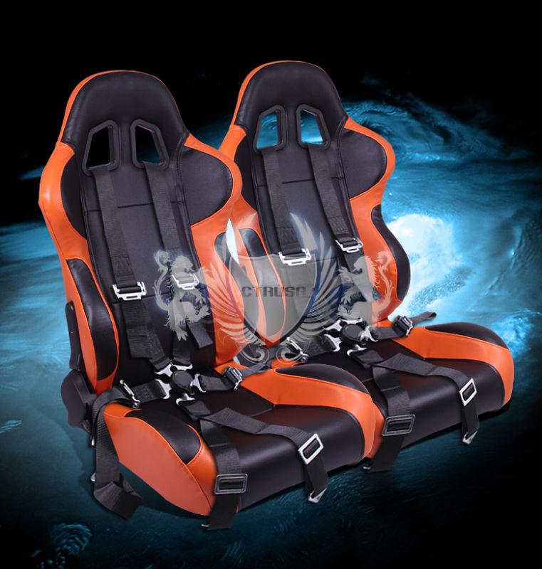 2x jdm black/orange turino racing bucket seats+6-pt blk belts camlock strap pair