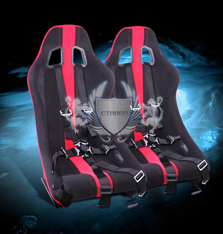 2x blk/red stripe fabric sport racing bucket seats+6-pt blk camlock strap pair