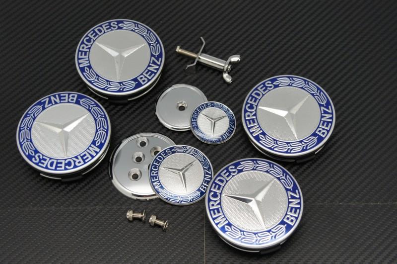 6pcs mercedes benz blue backgroud hood/trunk emblem aluminum logo wheel caps 