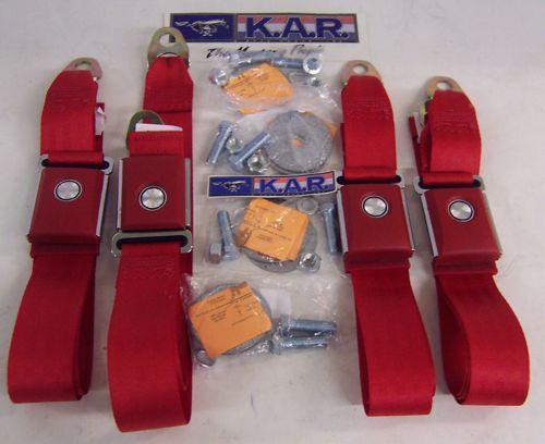 1966 & 1967 classic mustang bright red  seat belts; set of 4! star burst emblem